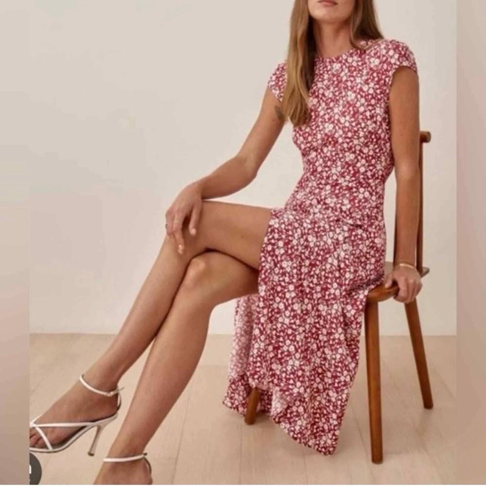 Reformation Gavin Midi Dress In Flower Girl Red & White